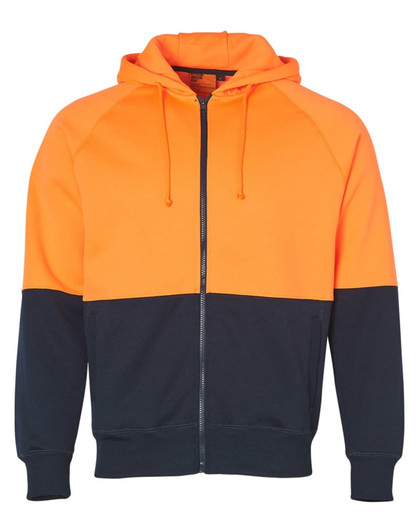 A Hi-Vis two-tone fleecy hoodie featuring an orange upper and navy lower, with a front zipper and hood.
