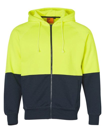 A Hi-Vis two-tone fleecy hoodie in fluorescent yellow and navy blue, featuring a hood and a front zipper.