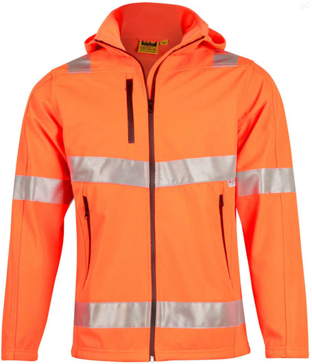 A bright orange hooded softshell jacket featuring reflective strips and a logo. Suitable for workwear and visibility.