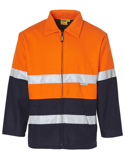 A two-tone safety jacket in orange and navy blue, featuring reflective 3M tape and a zip front.
