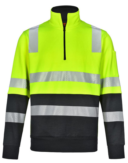 A high-visibility jumper in fluorescent yellow and black with reflective stripes and a half-zip collar.
