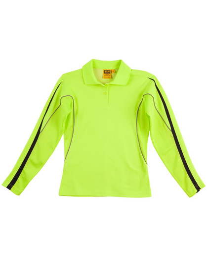 A long-sleeved hi-vis polo shirt in bright yellow-green with black detailing and a logo.