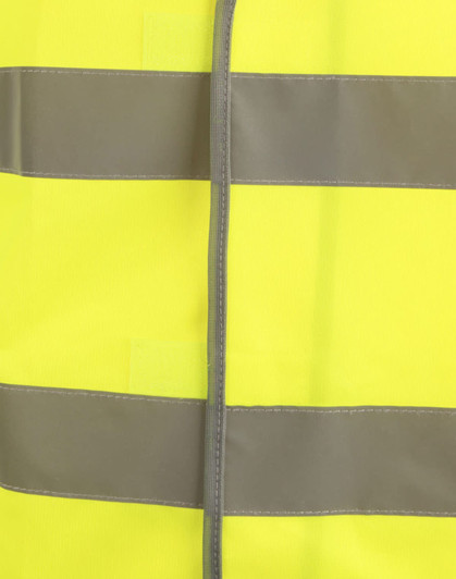 A bright yellow safety vest featuring grey shoulder reflective tapes and a logo.