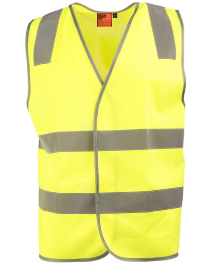 A bright yellow safety vest featuring grey shoulder reflective tapes and a front opening. It includes a logo on the label.