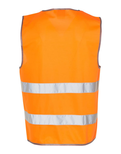 An orange safety vest featuring reflective tapes, designed for visibility and safety. The vest has a logo.