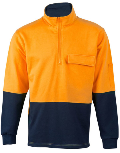 A Hi-Vis two-tone cotton fleecy sweatshirt in orange and navy, featuring a zip neck and a front pocket.