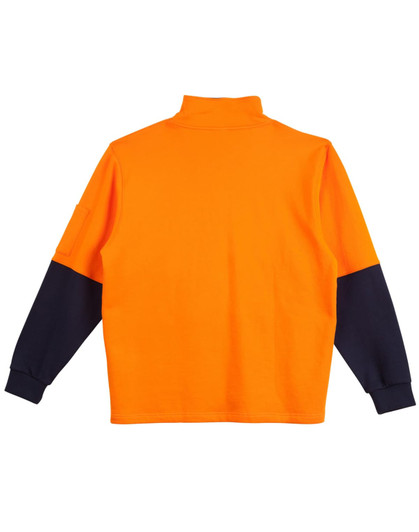 A bright orange and navy two-tone cotton fleecy sweatshirt featuring a high collar and long sleeves.