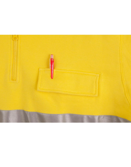 A bright yellow fleece jumper featuring silver accents and a pen pocket. Includes a logo on the fabric.