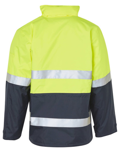 A high-visibility long line safety jacket in bright yellow and navy, featuring reflective 3M tape.