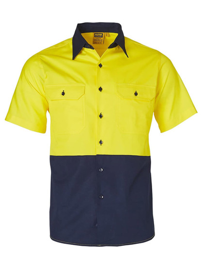 A short-sleeved work shirt featuring a high-visibility yellow upper and navy blue lower section, with two front pockets.