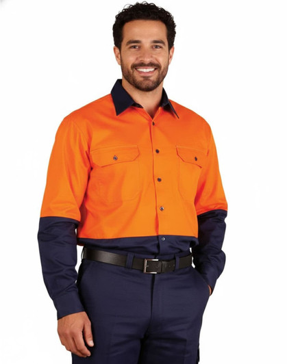 High-visibility orange and navy long-sleeve cotton work shirt with two chest pockets and a logo.