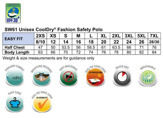 A size guide for a unisex CoolDry safety polo featuring various measurements and symbols indicating fabric properties.