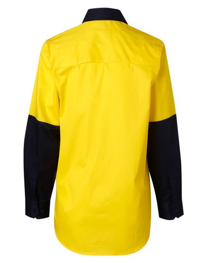 A long-sleeve safety shirt in bright yellow with navy blue sleeves, featuring a logo on the back.