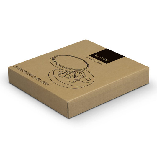 A round cheese board packaged in a brown cardboard box with a simple design, featuring a logo.
