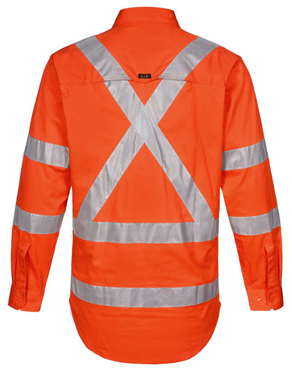 An orange work shirt featuring silver reflective strips in a cross pattern on the back. It includes a logo.