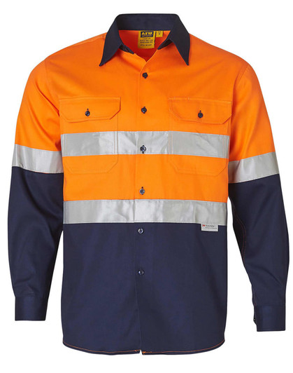 A long-sleeved safety shirt in bright orange and navy blue, featuring reflective strips and a logo.