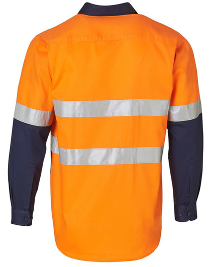 A long-sleeved safety shirt in bright orange with dark blue sleeves and reflective tape. It has a logo on the back.