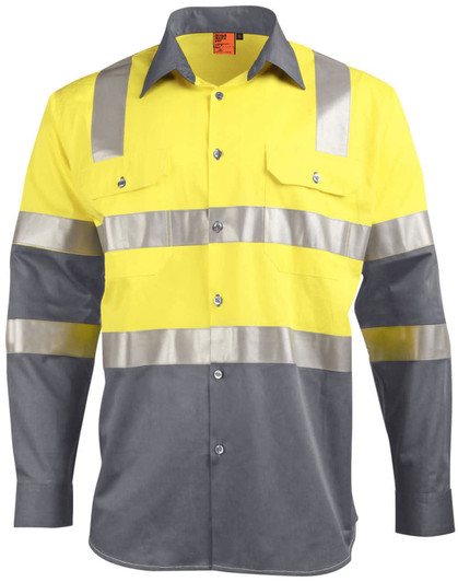 A two-tone safety shirt featuring bright yellow and grey colours with reflective tape and a collar. It has two front pockets.