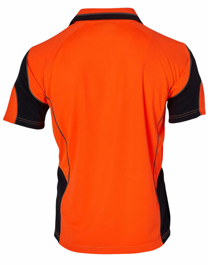 A Hi-Vis safety polo shirt in orange with black accents and a logo on the back. Designed for workwear use.