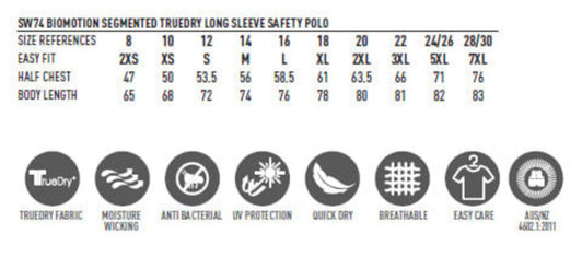 A detailed size chart for the Biomotion Segmented Truedry Long Sleeve Safety Polo, highlighting various sizes and features.