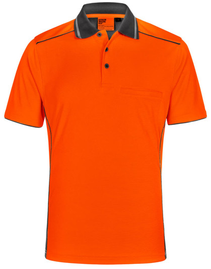 An orange short-sleeve polo shirt with a grey collar and detailing, featuring a pocket and a logo.