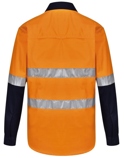 A bright orange long-sleeve safety shirt with navy blue sleeves and reflective tape across the front and back.