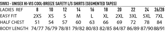 A chart displaying size measurements for Hi-Vis Cool-Breeze Safety long-sleeve shirts in various sizes, including ladies' and unisex options.