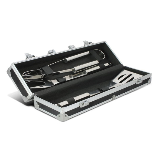 A BBQ set featuring stainless steel tools, including a spatula, tongs, and fork, housed in a black case with silver accents.