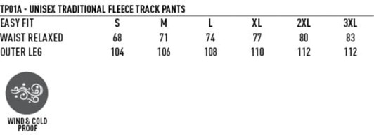 A table displaying size measurements for unisex traditional fleece track pants, featuring an icon indicating wind and cold proof qualities.