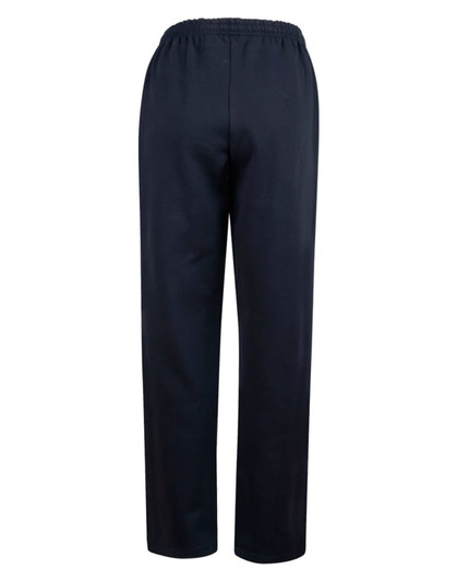 Fleecy navy trackpants with cuffs, knee padding, and an elastic waistband, featuring a logo.