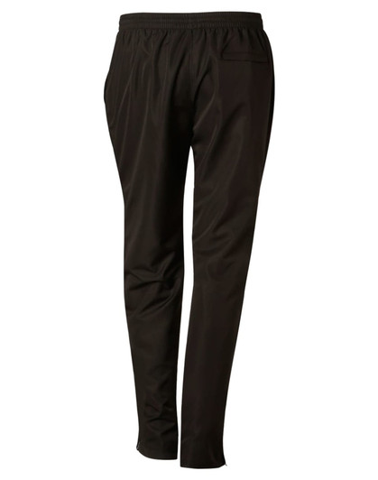 Black track pants featuring a relaxed fit and an elastic waistband, with a logo present on the fabric.