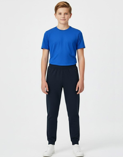 A boy wearing a red long-sleeve polo and black poly/cotton terry sweat pants, standing against a plain background.