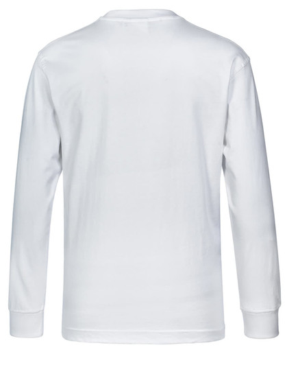 A white long-sleeve cotton crew neck t-shirt with a simple design and no visible logos.