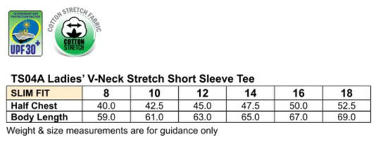 A chart displaying sizes and measurements for a Ladies' V-Neck Stretch Short Sleeve Tee in various sizes.