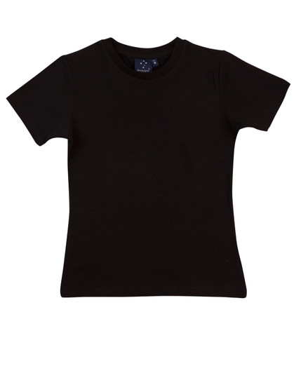 A black ladies' fitted stretch tee with short sleeves and a tag on the inside.