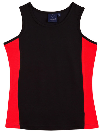 A black singlet with red contrast panels and a logo on the neckline.