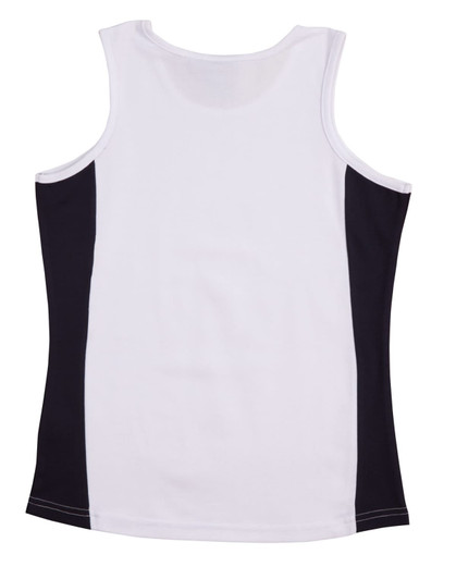 A white and black ladies singlet with a contrast design and a logo on the back.
