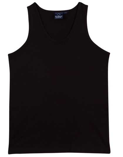A black men's cotton singlet with a round neckline and no sleeves. It features a branding label.