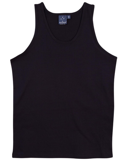 A black men's cotton singlet with a simple design and a small logo on the label.