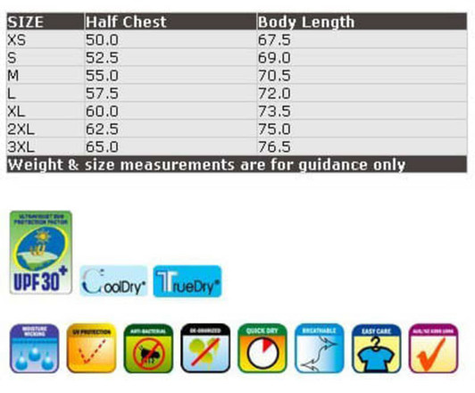 A table displaying size measurements for a product, featuring specifications for XS to 3XL sizes.
