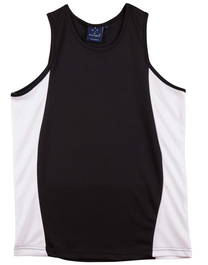 A black and white men's singlet with a contrast mesh design, featuring a logo on the label.