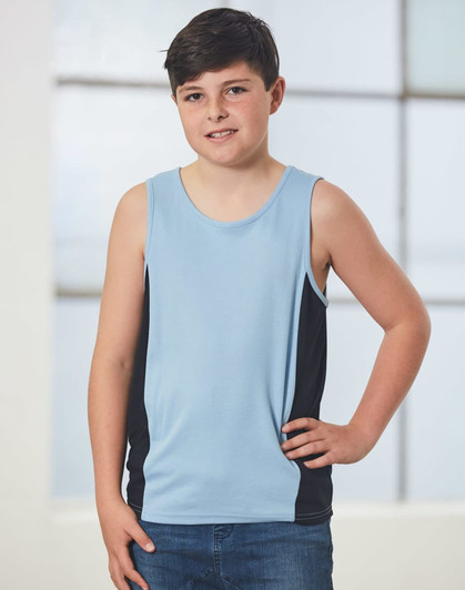 A kid's singlet in light blue with black side panels, featuring a logo. Ideal for casual wear.