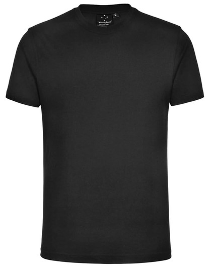A dark grey unisex cotton T-shirt with short sleeves and a round neckline. It features a logo on the inside.