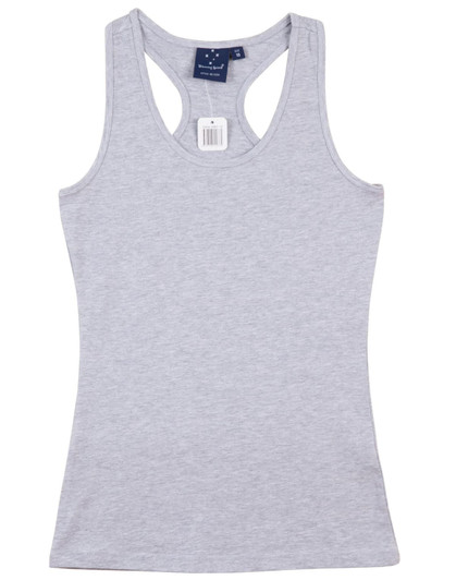 A light grey ladies' fitted stretch singlet with a racerback design and a logo on the label.