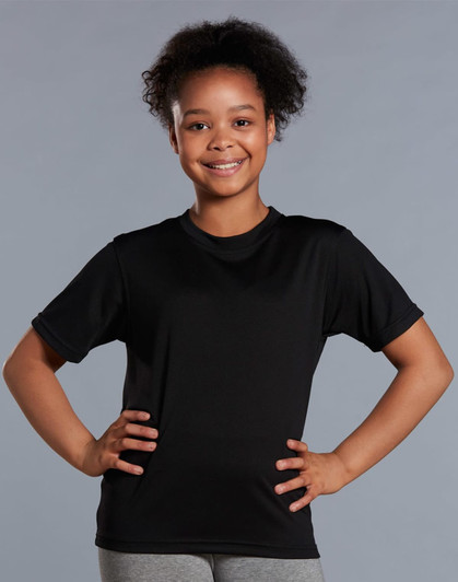 A black short sleeve tee for kids, made from cooldry fabric, featuring a logo.