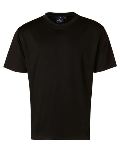 A black kids' short sleeve tee with a round neck, featuring a logo on the label.