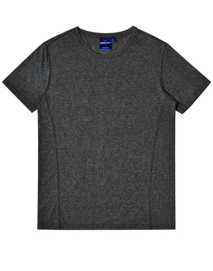 A grey heather short-sleeve T-shirt with a smooth texture and a logo on the neckline.