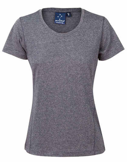 A grey ladies' short-sleeve t-shirt with a round neckline and a logo on the label.
