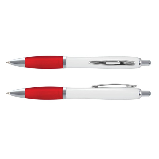 A plastic pen with a white barrel and red accents, featuring silver detailing and a logo.