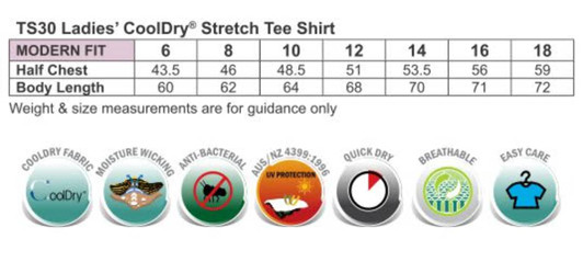 A chart displaying size measurements for the Ladies' Cooldry Stretch Tee in various sizes, featuring fabric properties.